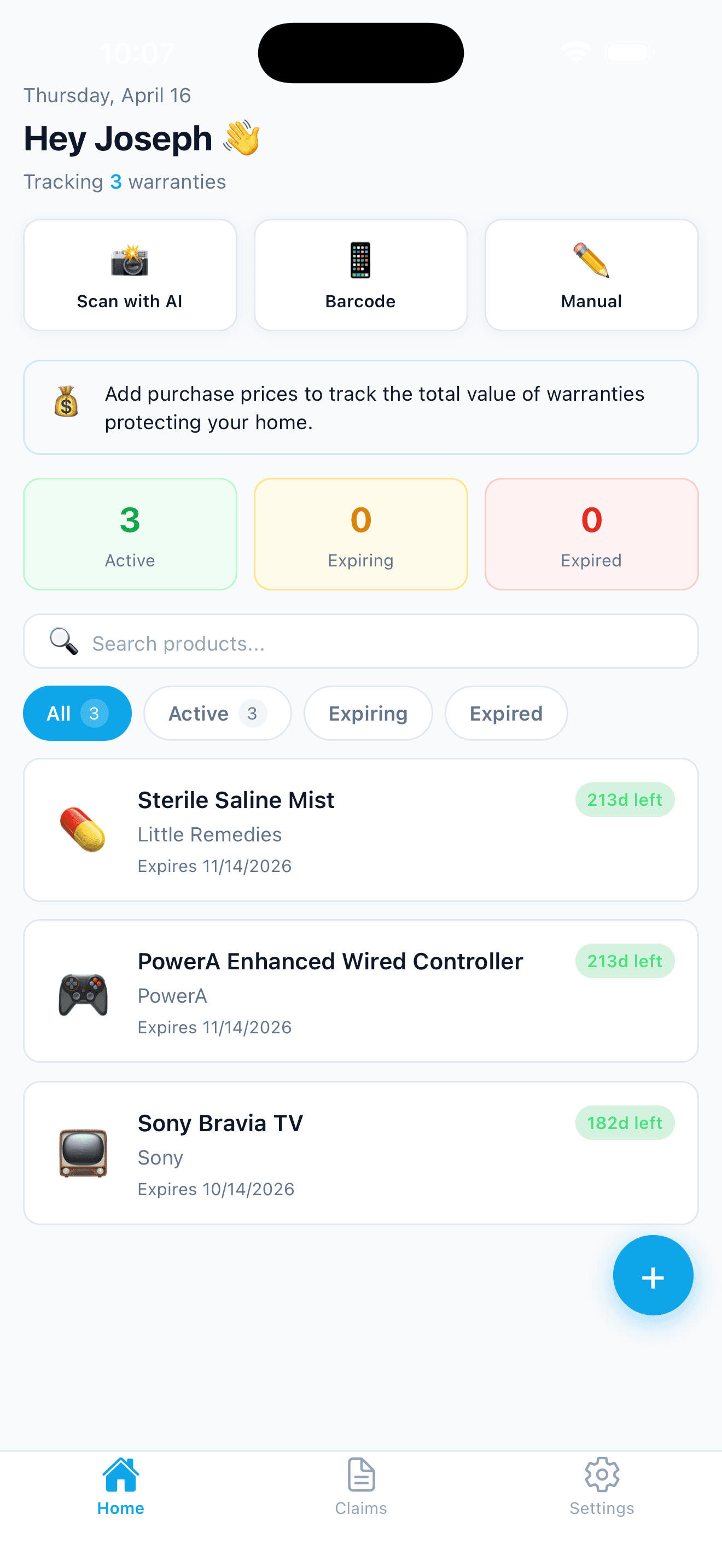 CoverKeep app — warranty dashboard showing three tracked warranties